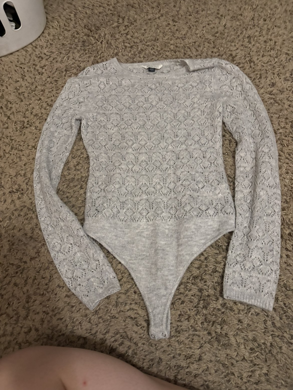 aerie Light Gray Lace Knit Long-Sleeve Bodysuit